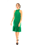 High Neck Pleated Metallic Dress Knee Length In Green