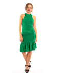 High Neck Pleated Metallic Dress Knee Length In Green