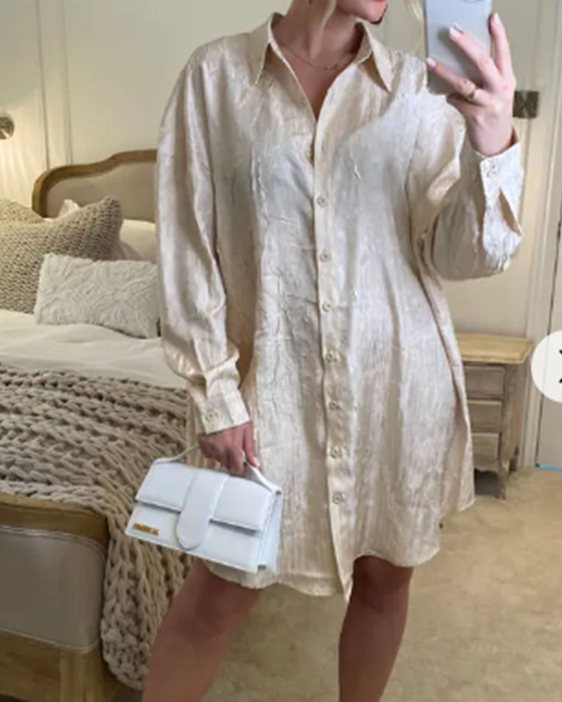 Oversized long shirt dress in textured jacquard design fabric beige color
