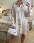Oversized long shirt dress in textured jacquard design fabric beige color