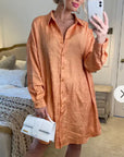 Oversized long shirt dress in textured jacquard design fabric orange color