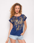 Gold Print T-shirt with Pocket (Blue)