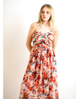Printed Chiffon Maxi Dress KK6228 (RED BLUE FLORAL PRINT)