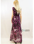 Purple Print Drape Detail Chiffon Maxi Dress