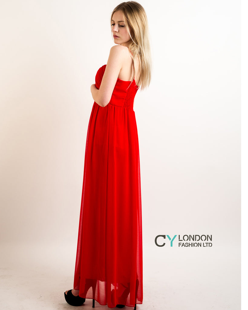Pleated Bust  Maxi Dress (Red)