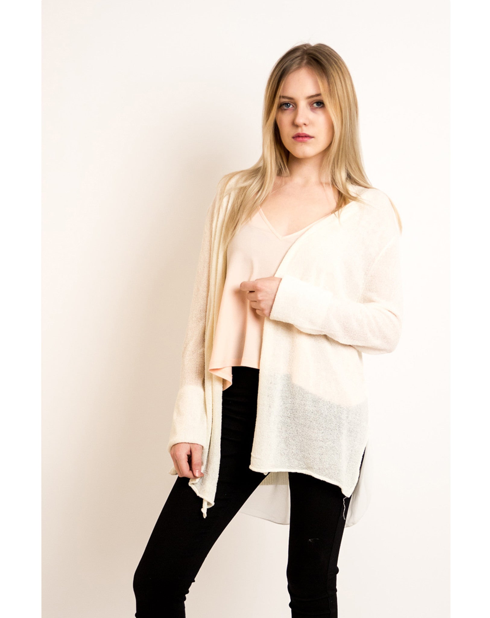 Waterfall collar Knitted cardigan with chiffon detail (White