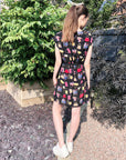 Scarf print A-line dress in black color