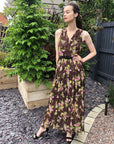 Chiffon Cross Wrap Maxi Dress Brown floral Print