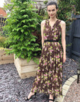 Chiffon Cross Wrap Maxi Dress Brown floral Print
