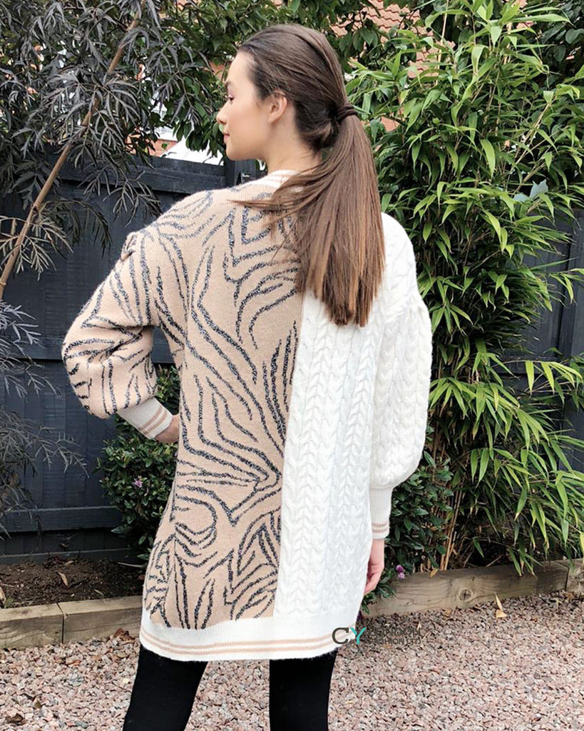 Leopard print contrast long knit cardigan