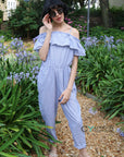 Blue Stripe Cotton Blend Jumpsuits