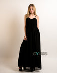 Pleated Bust & Sweetheart Neckline Maxi Dress (Black)