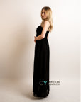 Pleated Bust & Sweetheart Neckline Maxi Dress (Black)