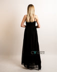 Pleated Bust & Sweetheart Neckline Maxi Dress (Black)