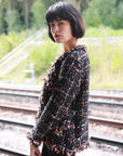 Black blue Color Tweed Effect Knitted Short Cardigan Jaccket