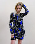 Knitted Bodycon Dress with Metallic Gold/Blue Abstract Print