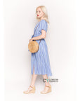 Short Sleeve V Neck Midi Dress in Blue and White Stripe