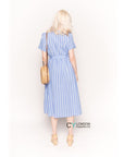 Short Sleeve V Neck Midi Dress in Blue and White Stripe