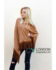 Faux Leather Tassel Camel Knitted Cape