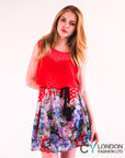 Floral Print Black Chiffon Dress (Yellow)
