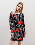 Knitted Bodycon Dress with Metallic Gold/Blue Abstract Print