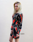 Knitted Bodycon Dress with Metallic Gold/Blue Abstract Print