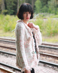 White pink Color Tweed Effect Knitted Short Cardigan Jaccket