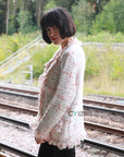 White pink Color Tweed Effect Knitted Short Cardigan Jaccket