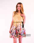 Floral Print Black Chiffon Dress (Yellow)