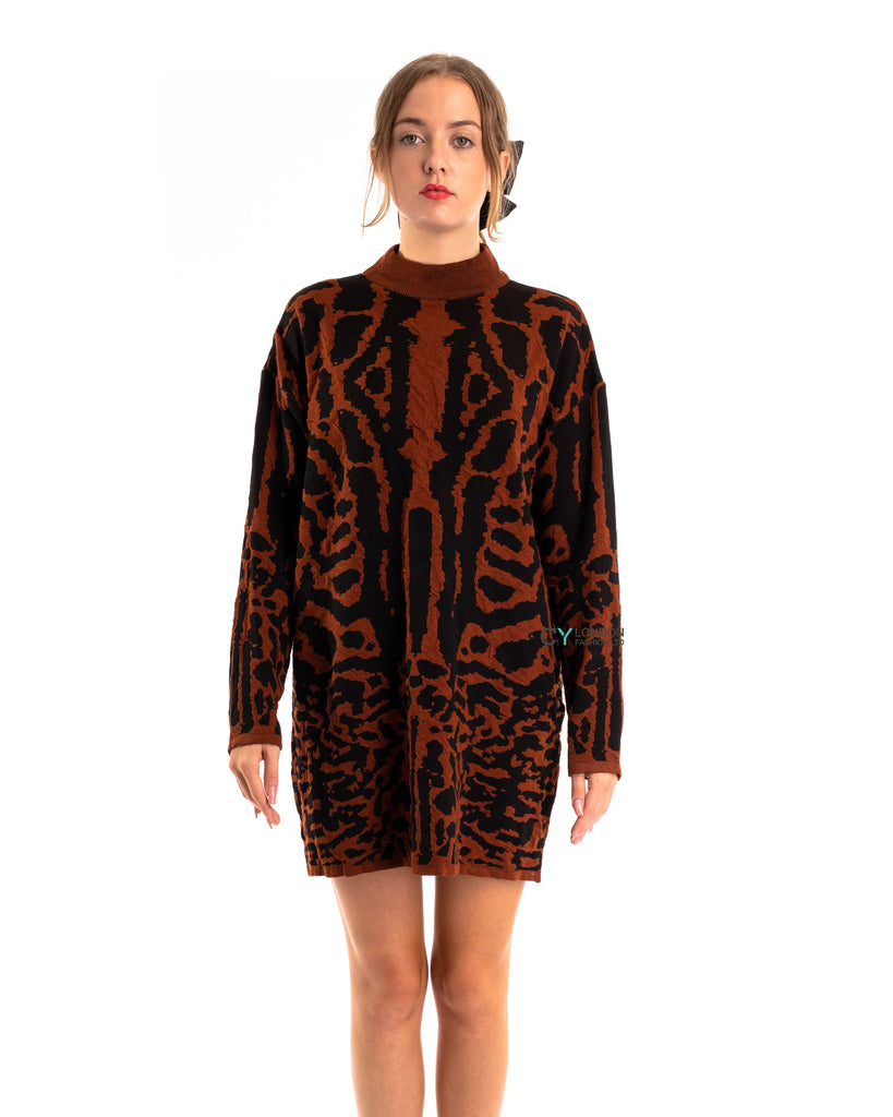 Fine Knit Leopard Print Pattern design Jumper Dress in Coffee Brown