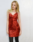 Plain color sequin V neck dress (Red)
