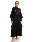Puff sleeve shirt dress with tiered hem skirt in black