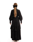 Puff sleeve shirt dress with tiered hem skirt in black