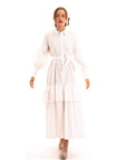 Puff sleeve shirt dress with tiered hem skirt in white