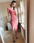 Short sleeves Ribbed Knit Bodycon Dress with Side Split in Salmon Pink