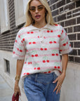 Cherry Pattern Fluffy Knit Polo Top in Cream