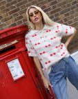 Cherry Pattern Fluffy Knit Polo Top in Cream