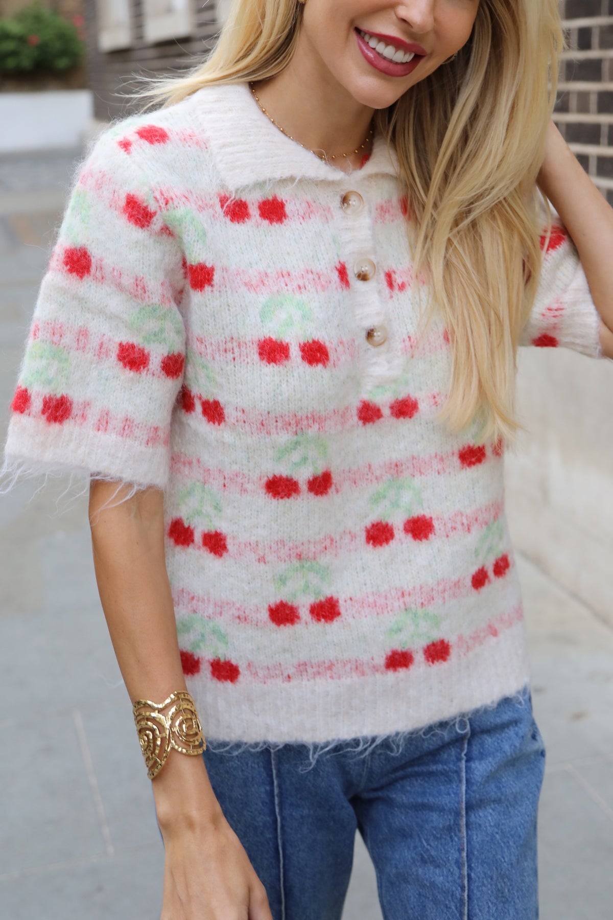 Cherry Pattern Fluffy Knit Polo Top in Cream