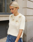 3D Floral Beaded Embellished Short Sleeve Knit Top in Cream