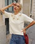 3D Floral Beaded Embellished Short Sleeve Knit Top in Cream