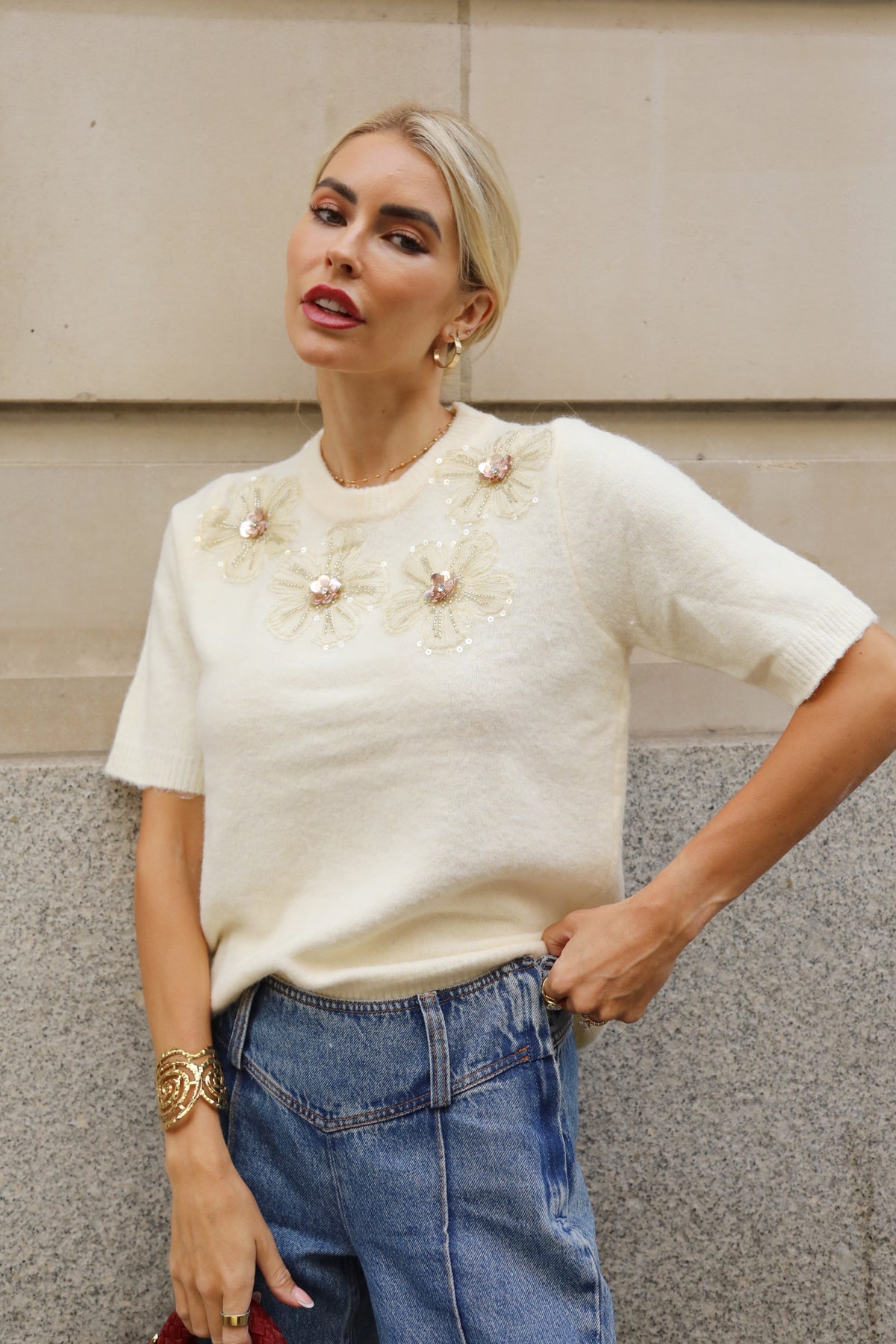 3D Floral Beaded Embellished Short Sleeve Knit Top in Cream