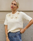 3D Floral Beaded Embellished Short Sleeve Knit Top in Cream