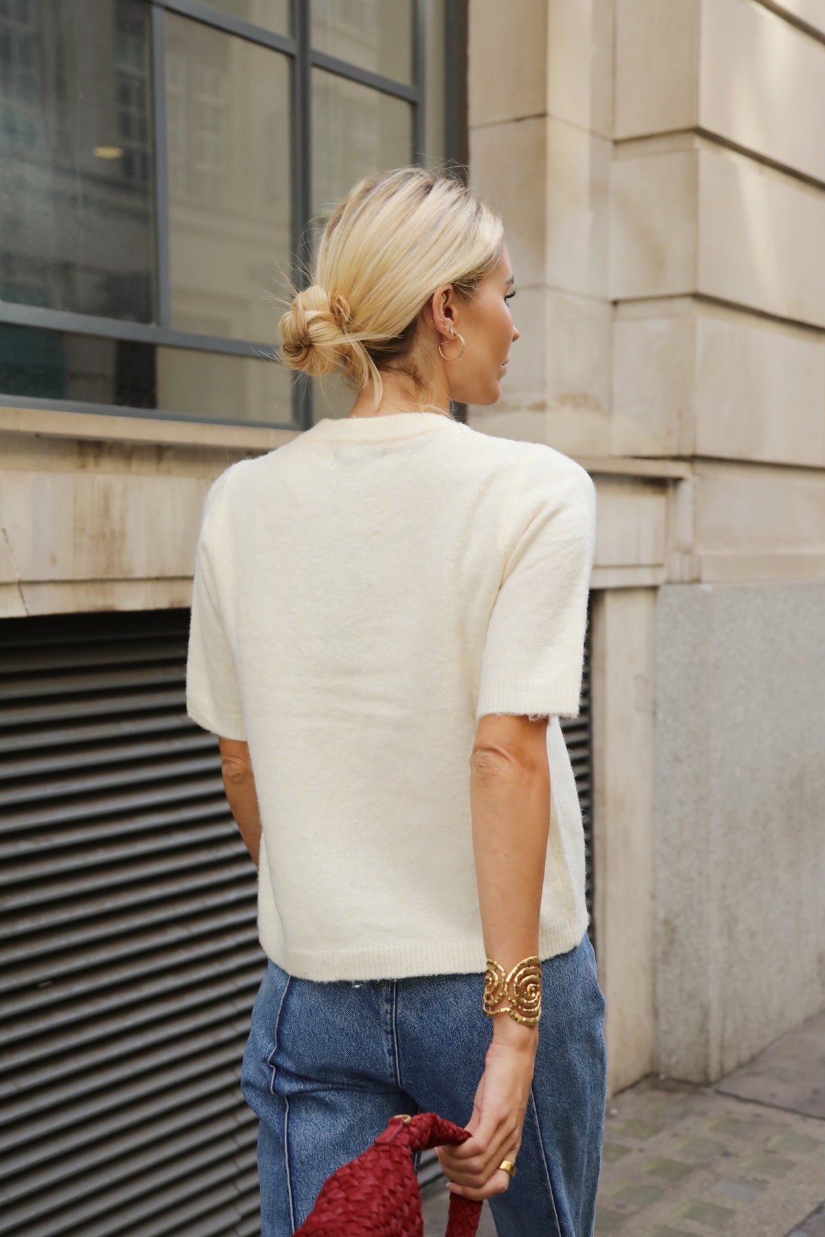 3D Floral Beaded Embellished Short Sleeve Knit Top in Cream