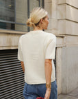3D Floral Beaded Embellished Short Sleeve Knit Top in Cream