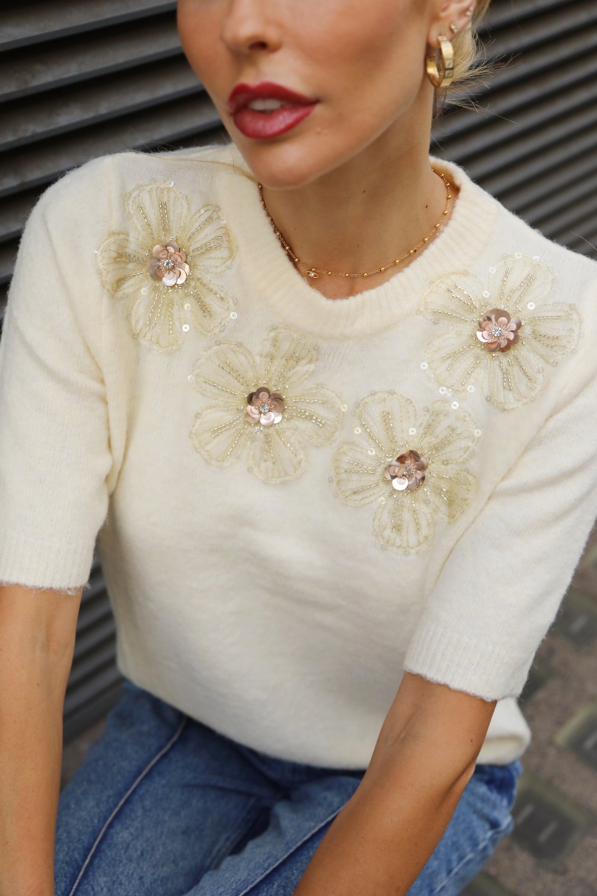 3D Floral Beaded Embellished Short Sleeve Knit Top in Cream