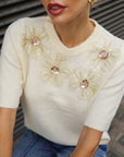 3D Floral Beaded Embellished Short Sleeve Knit Top in Cream