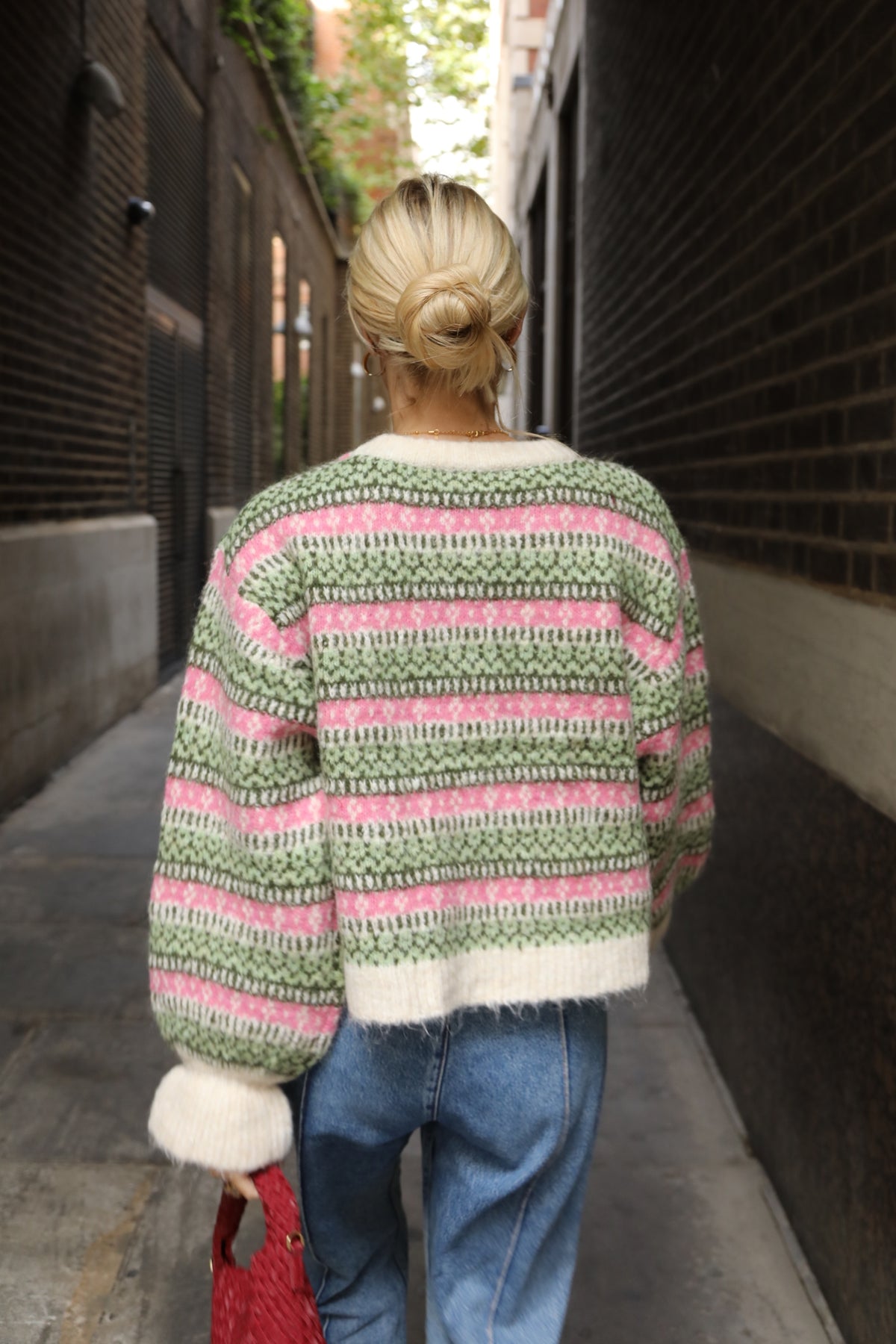 Fair Isle Stripe Soft Knit Jumper in Pink &amp; Green