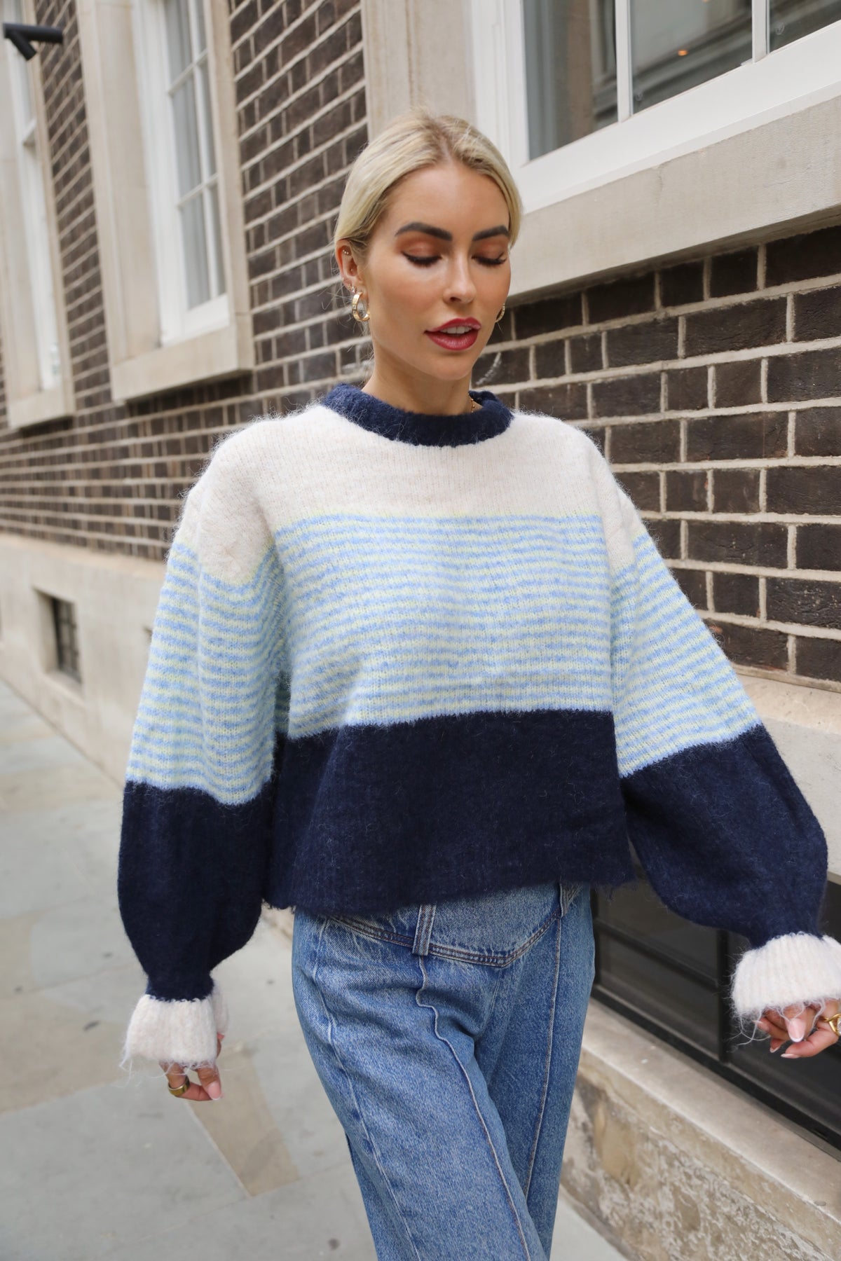 Colour Block Striped Fluffy Knit Jumper in Navy &amp; Blue