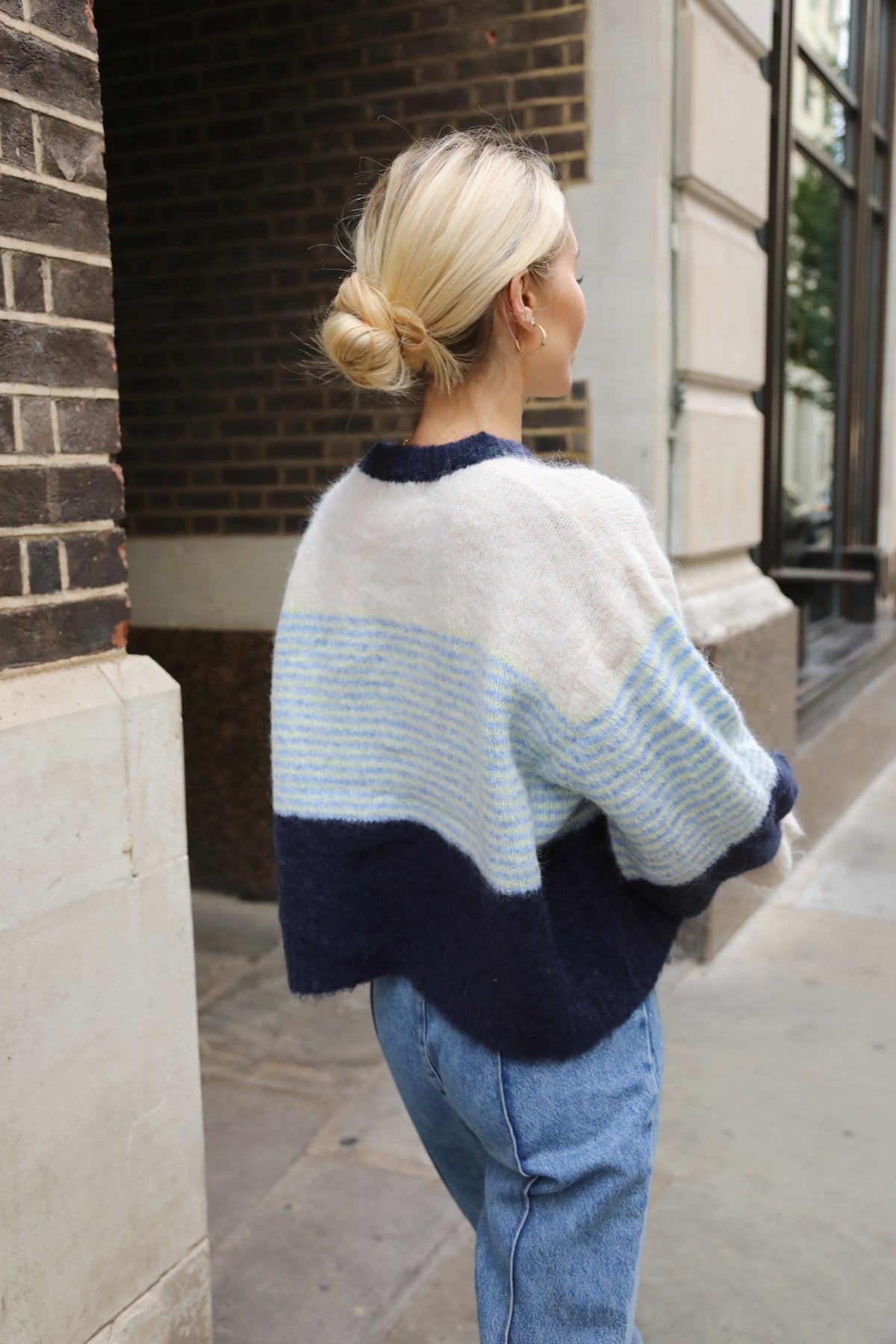 Colour Block Striped Fluffy Knit Jumper in Navy &amp; Blue