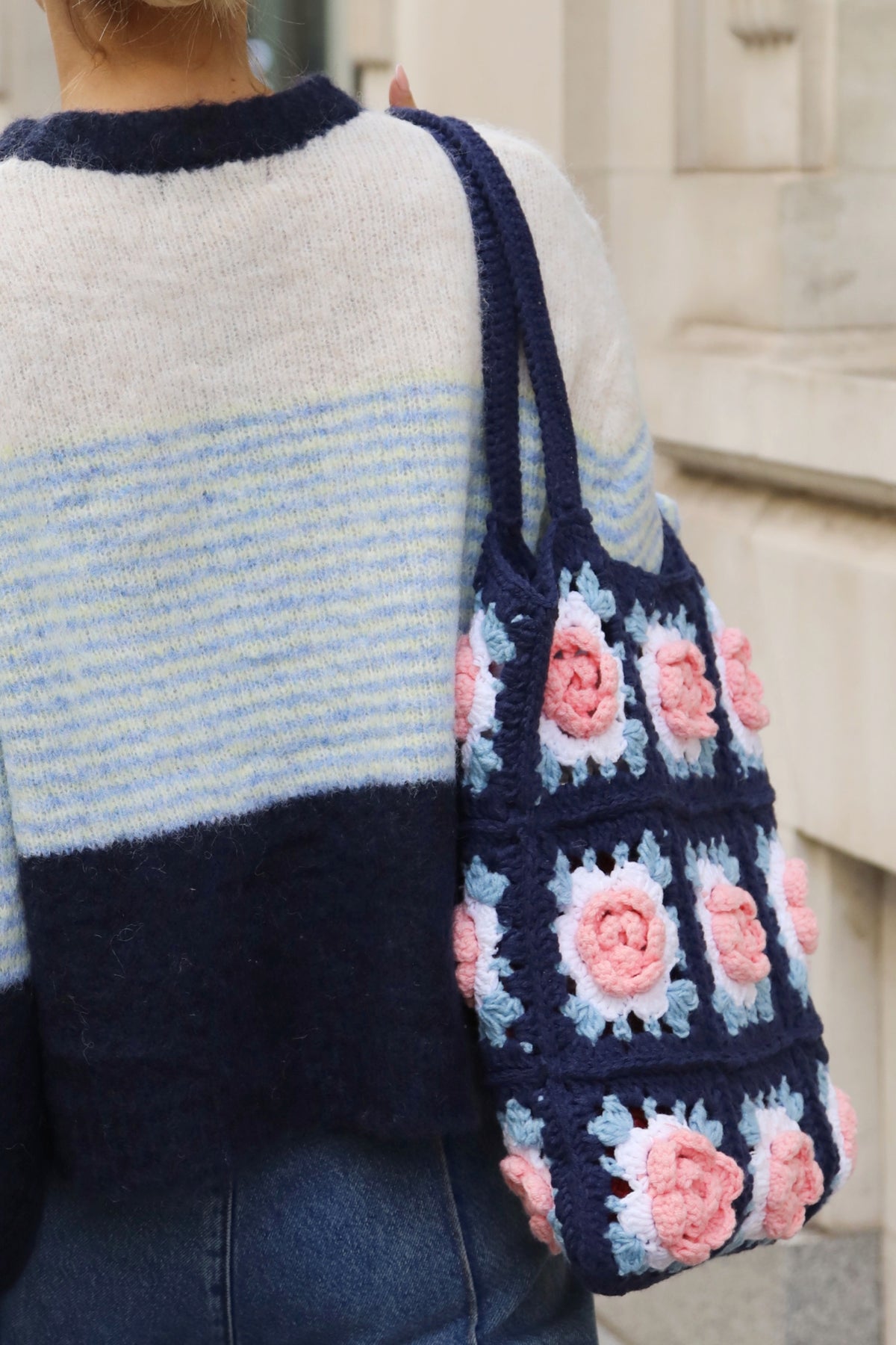 Hand Knit Rose Granny Square Tote Bag in Navy &amp; Pink